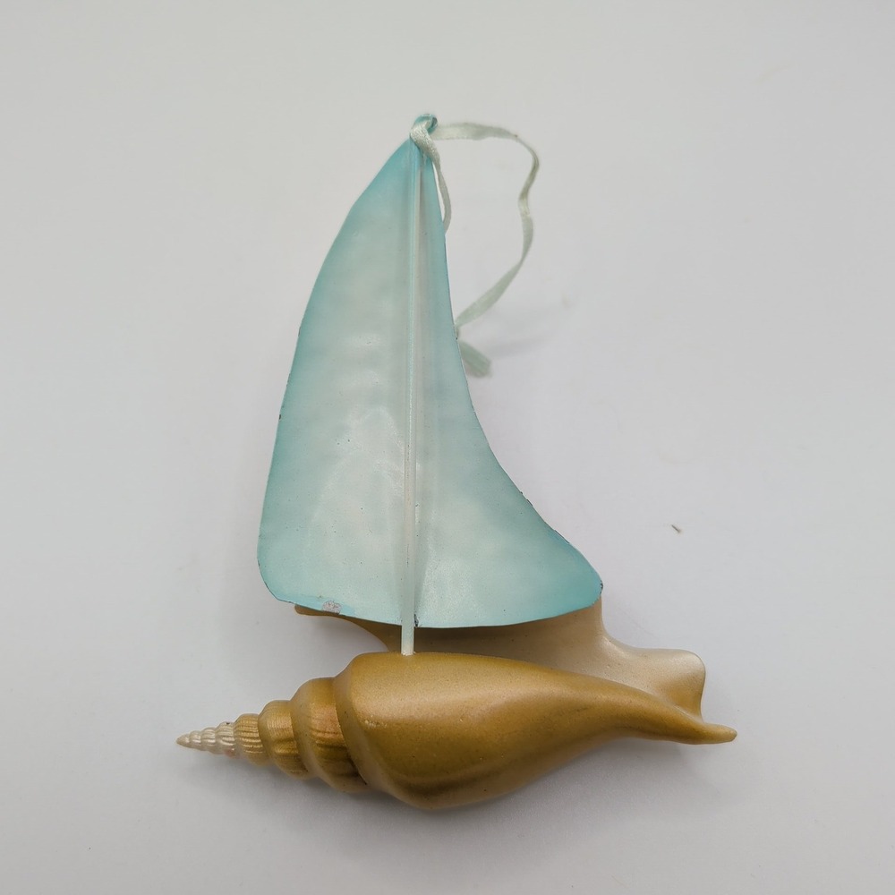 Nautical Sailboat Conch Shell Christmas Ornament Blue Gold Coastal Beach Decor - Picture 2 of 3